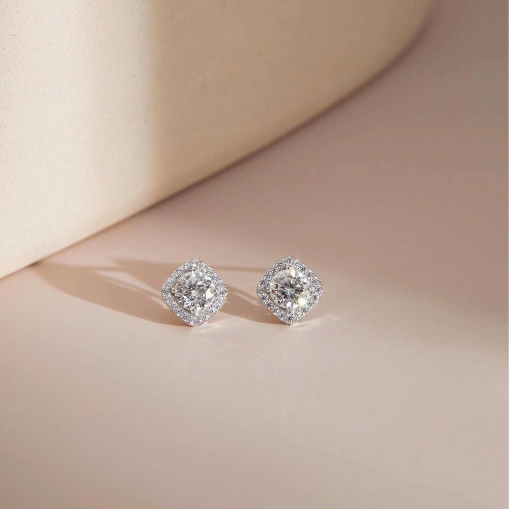 Moissanite Halo Stud Earrings, Sterling Silver - Picture 4 of 5